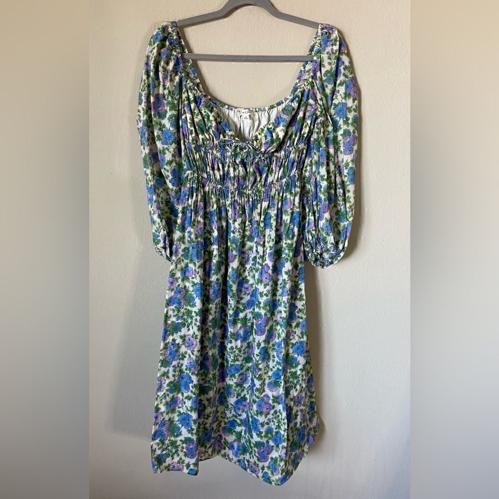 For Love & Lemons Bridget Midi White Green Dress Floral Puff Size S - Picture 10 of 13